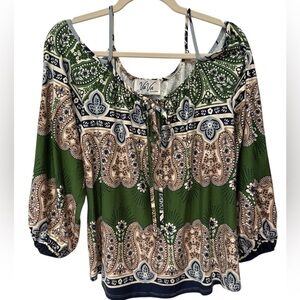VaVa by Joy Han Green Tie Front 3/4 Sleeve Off the Shoulder Boho Tunic